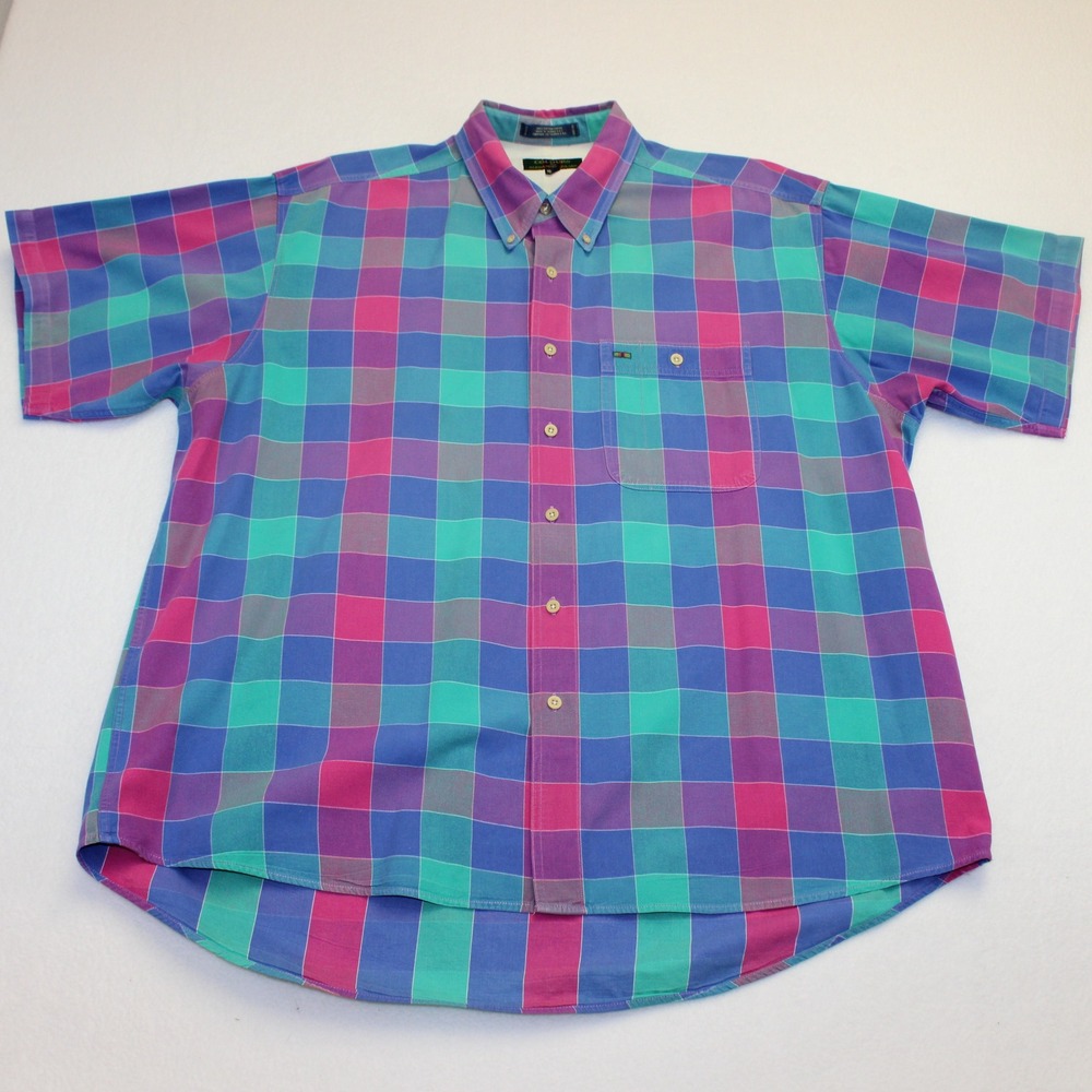 Colours by Alexander Julian Mens XL Tall Plaid Button Down Shirt Short Sleeve